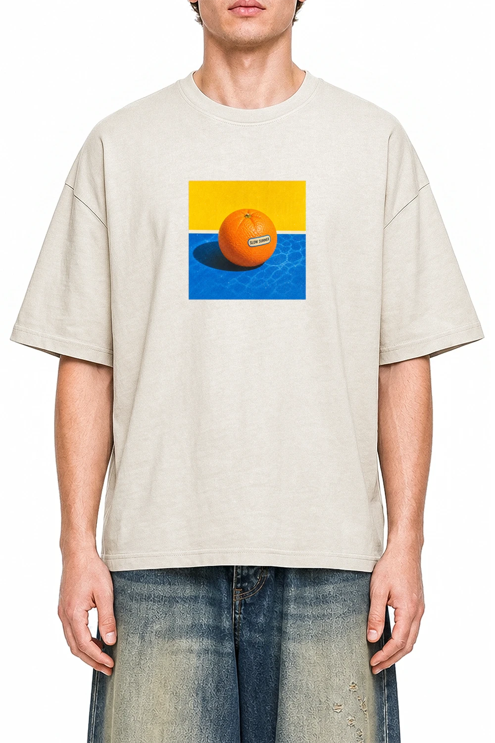 Poolside Orange Apricot graphic T-shirt on model, front view