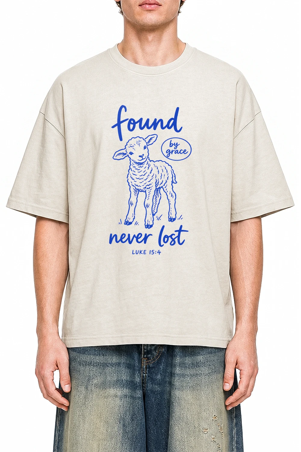 Found By Grace Lamb Apricot graphic T-shirt on model, front view