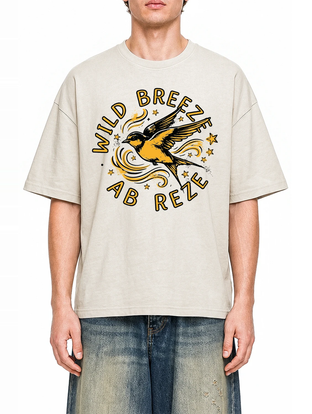 A Gritty Street Apricot graphic T-shirt on model, front view