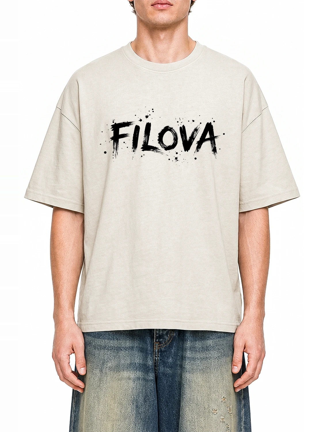 Filova Brush Splatter Apricot graphic T-shirt on model, front view