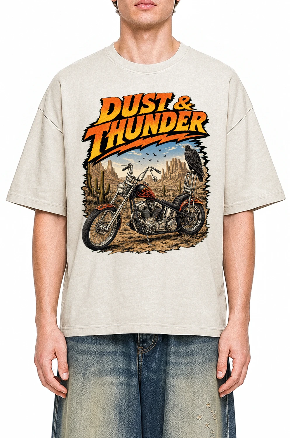 Dust And Thunder Apricot graphic T-shirt on model, front view