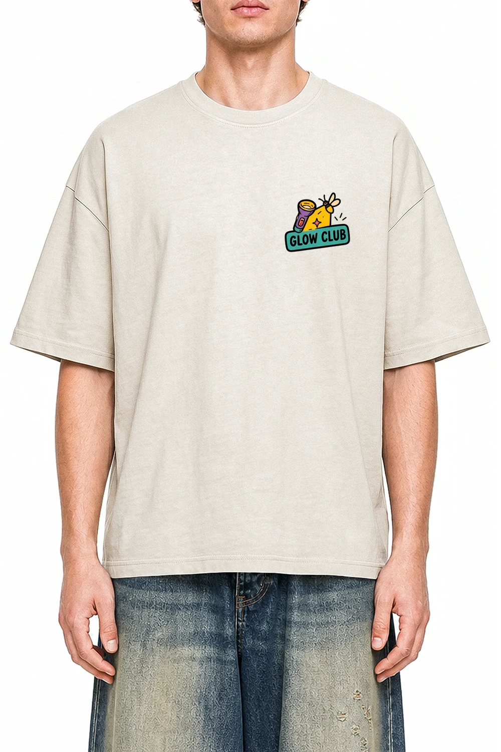 Night Glow Club Apricot graphic T-shirt on model, front view