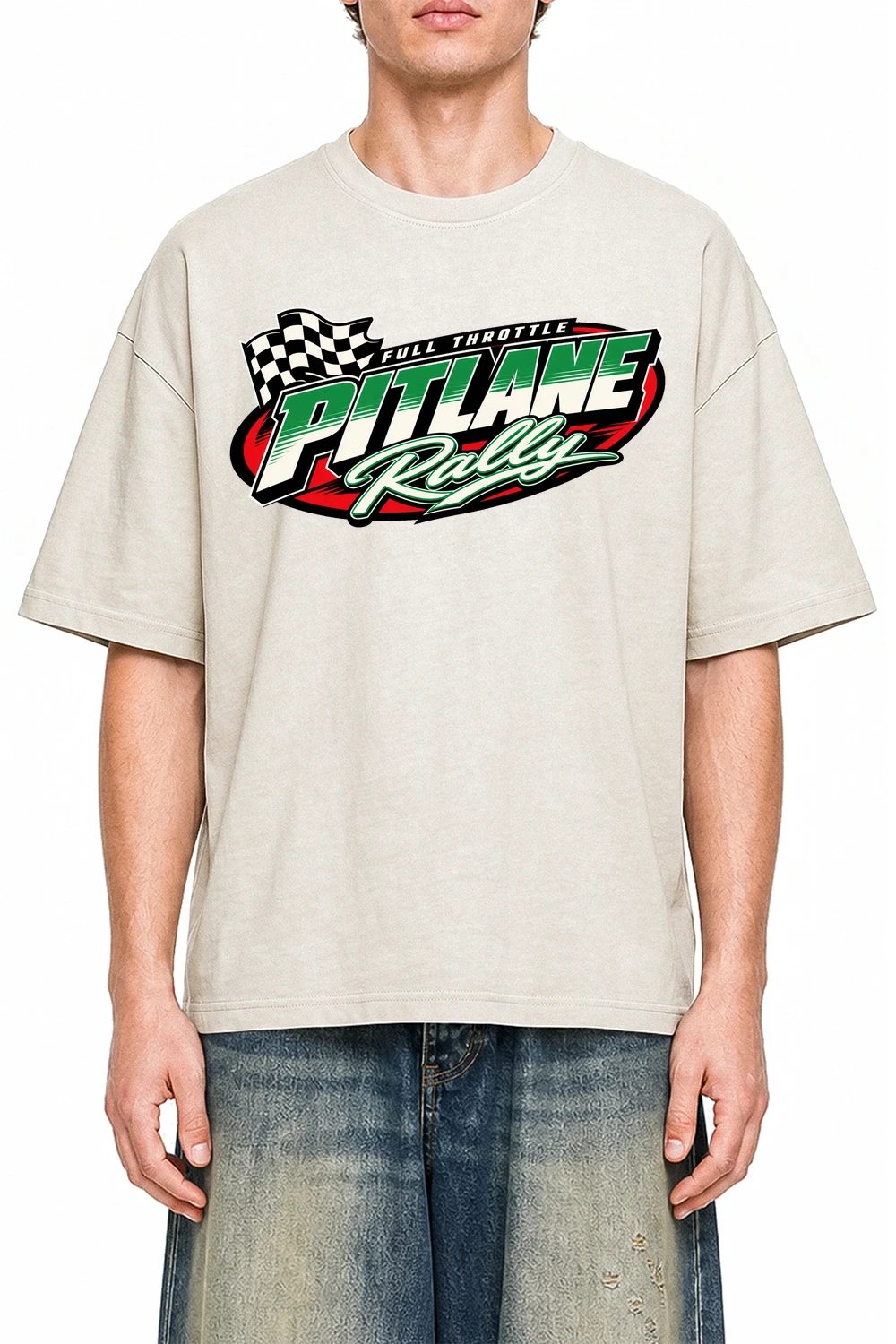 Pitlane Rally Apricot graphic T-shirt on model, front view