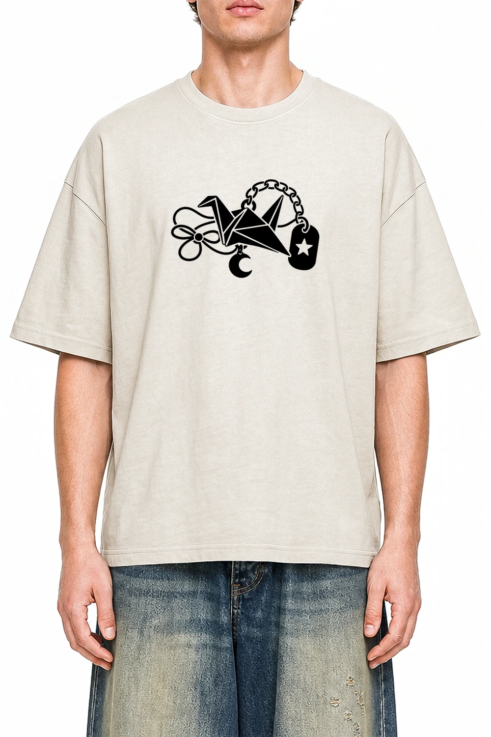 Lucky Crane Charm Apricot graphic T-shirt on model, front view