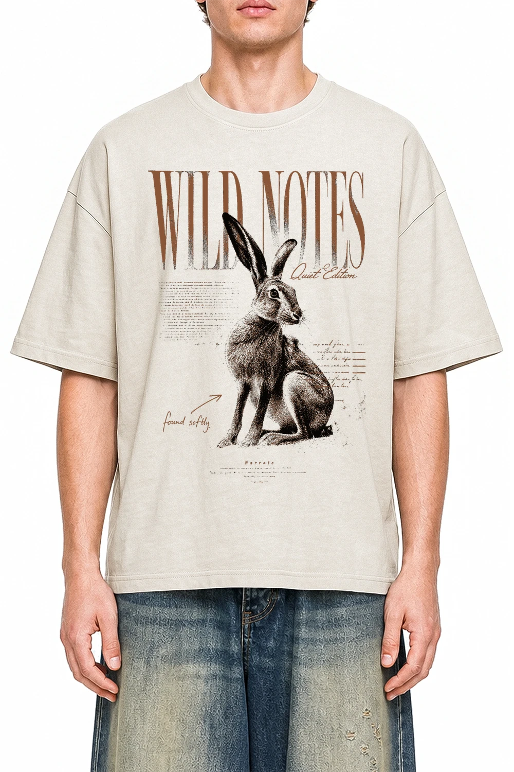 Wild Notes Apricot graphic T-shirt on model, front view