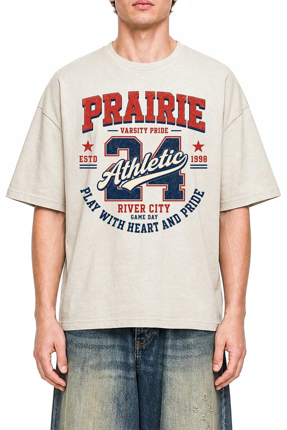 Prairie Athletic Apricot graphic T-shirt on model, front view