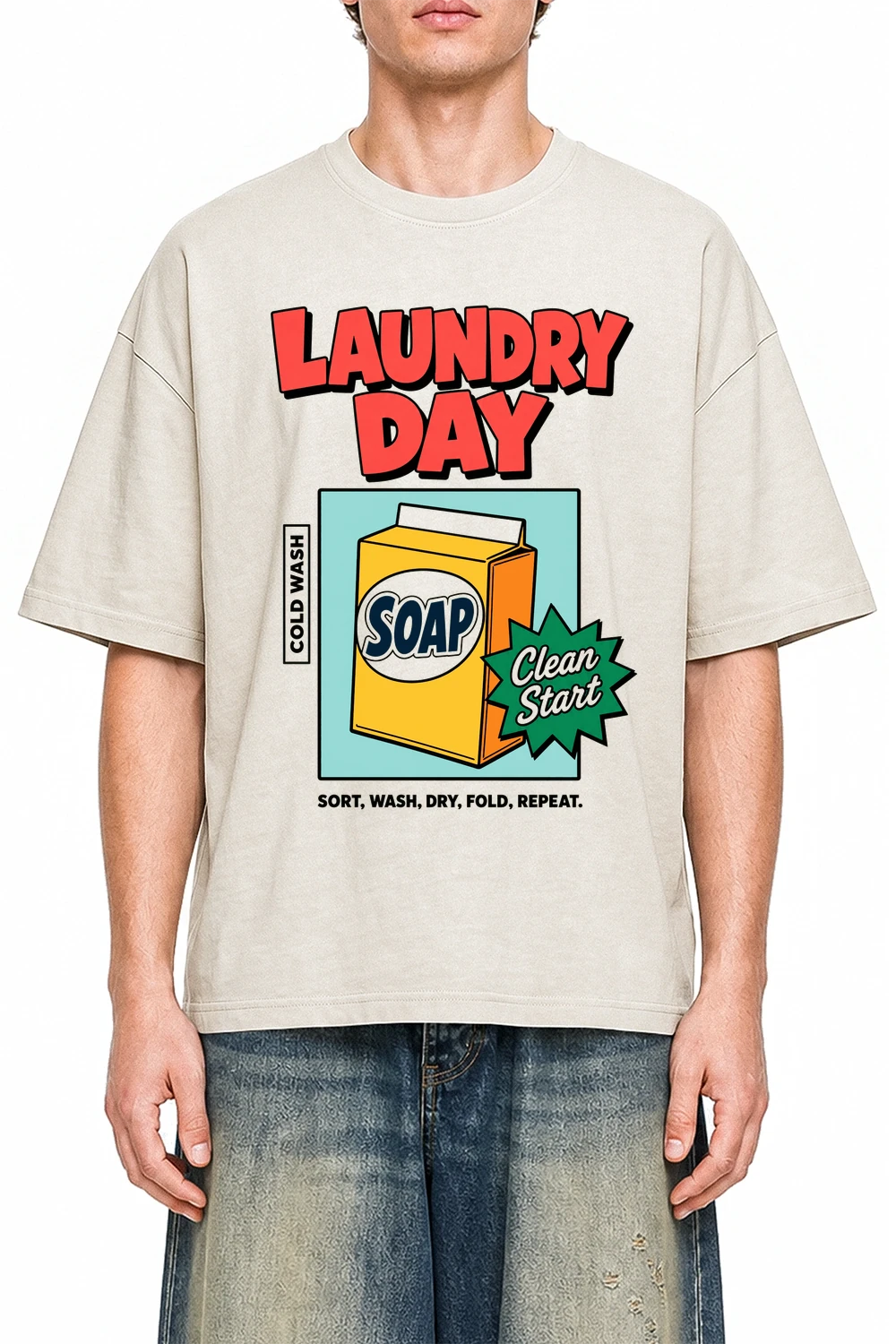 Laundry Day Apricot graphic T-shirt on model, front view