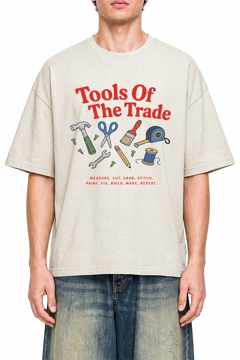 Tools Of The Trade Apricot graphic T-shirt on model, front view