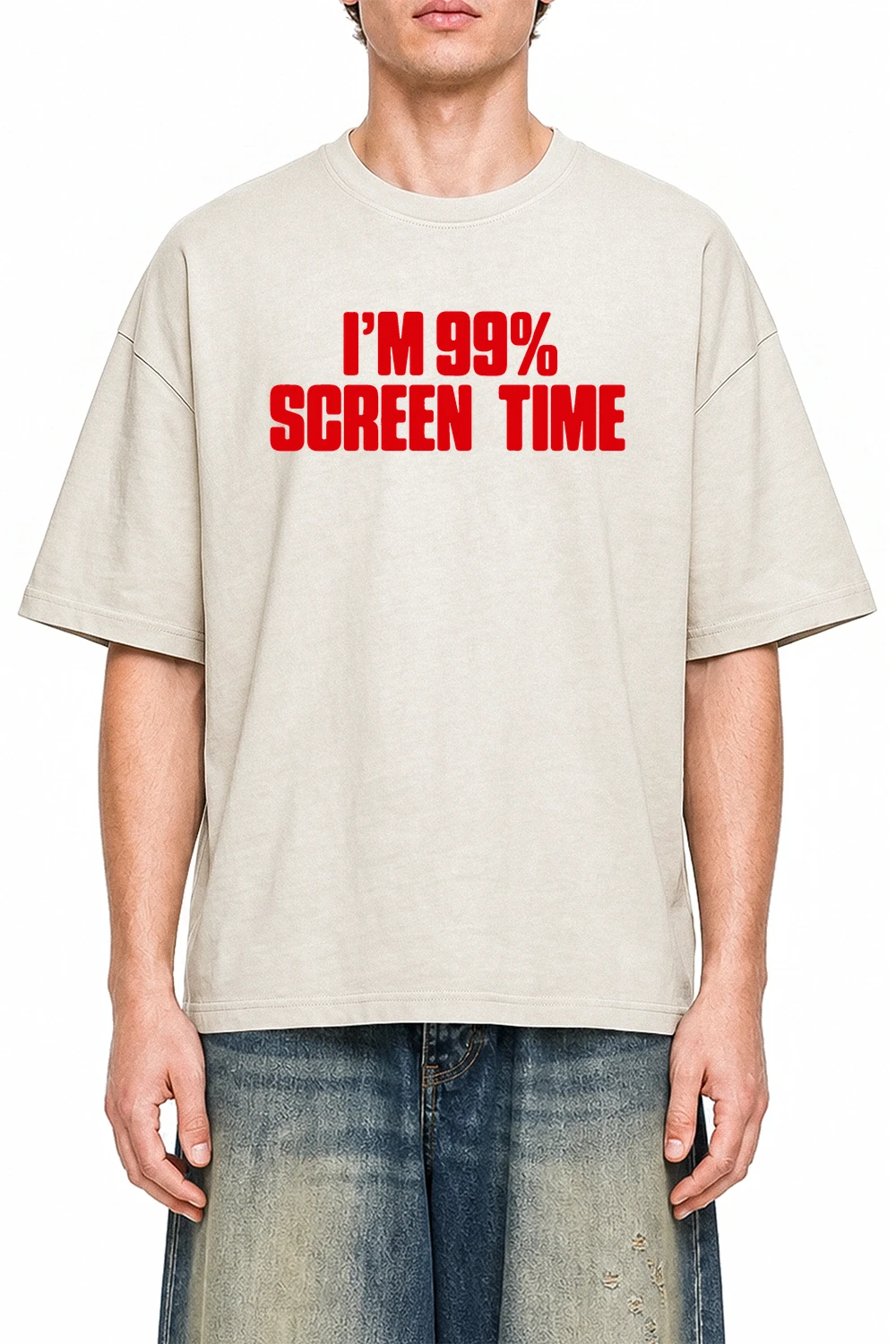 Im 99% Screen Time Apricot graphic T-shirt on model, front view