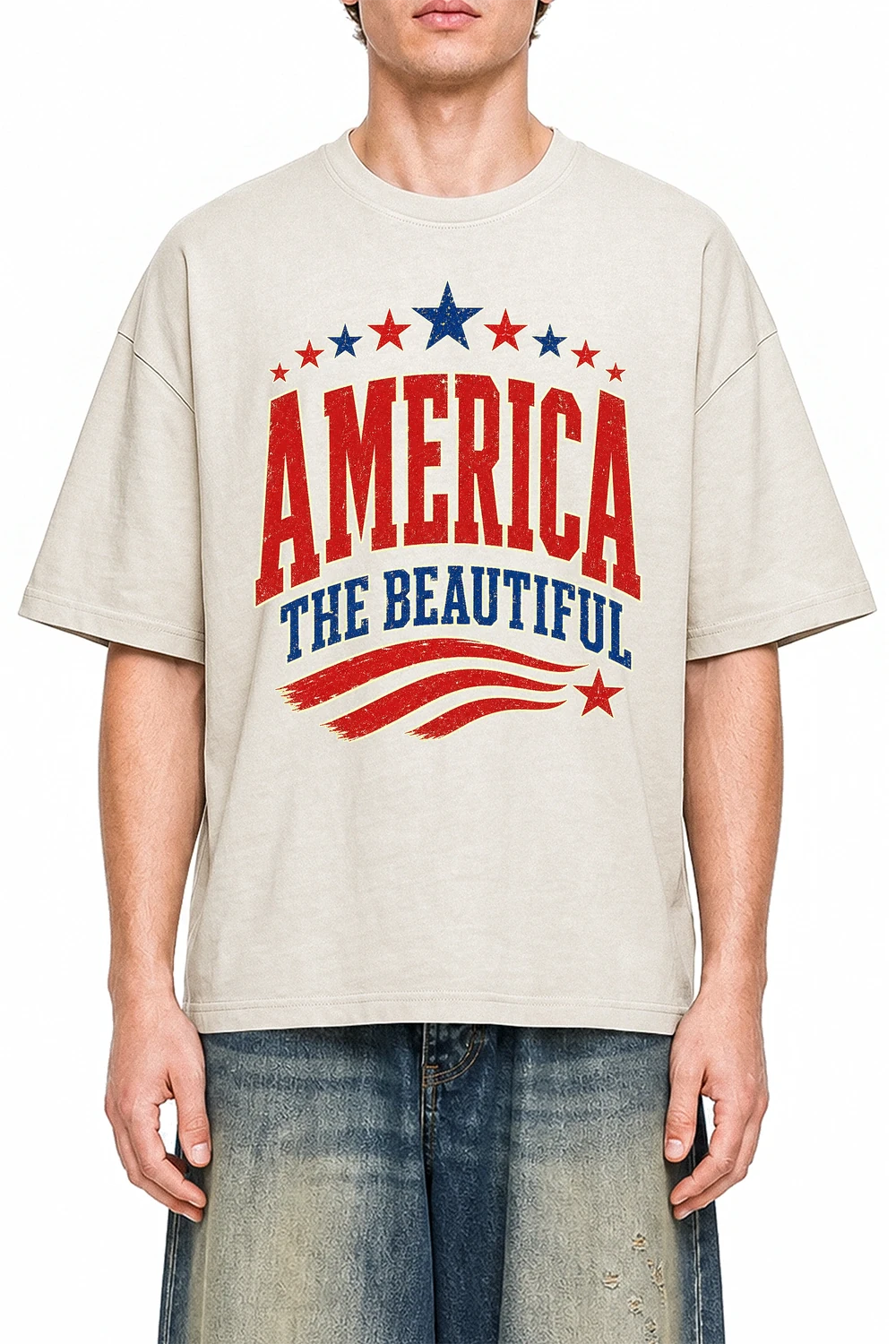 America The Beautiful Apricot graphic T-shirt on model, front view