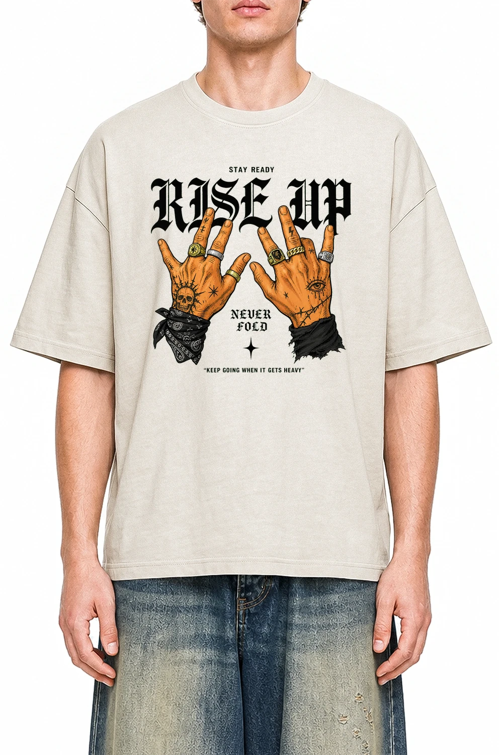 Rise Up Never Fold Apricot graphic T-shirt on model, front view