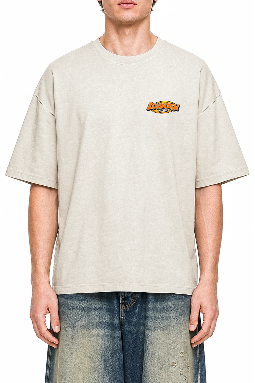 Loud Crew Apricot graphic T-shirt on model, front view
