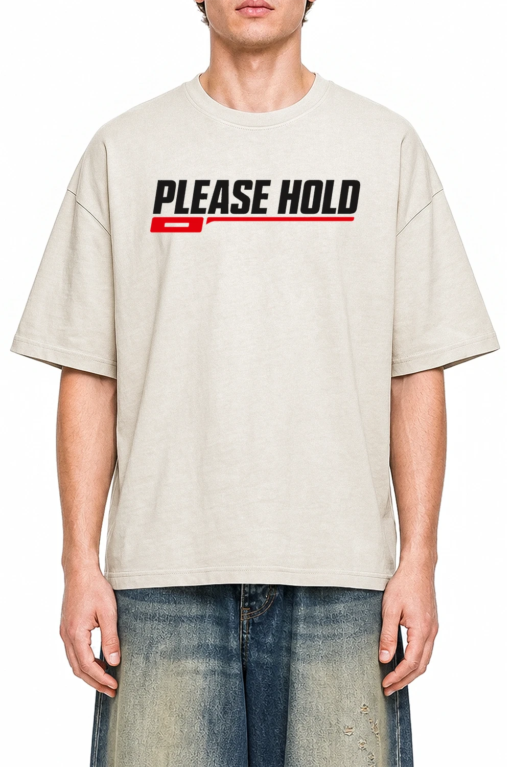 Please Hold Apricot graphic T-shirt on model, front view
