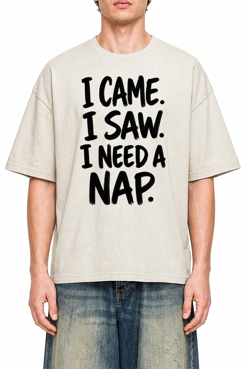 I Came I Saw I Need A Nap Apricot graphic T-shirt on model, front view