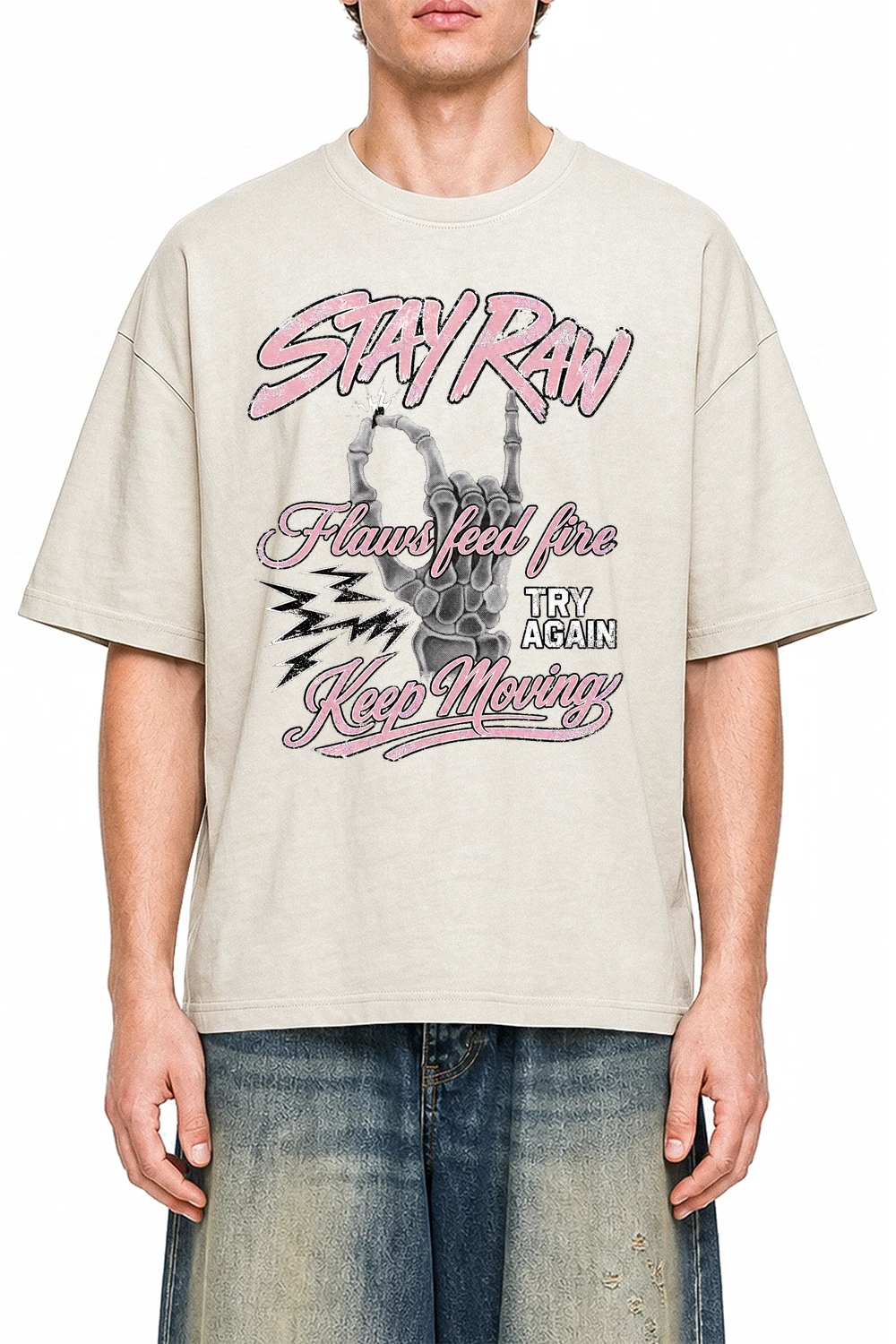 Stay Raw Apricot graphic T-shirt on model, front view