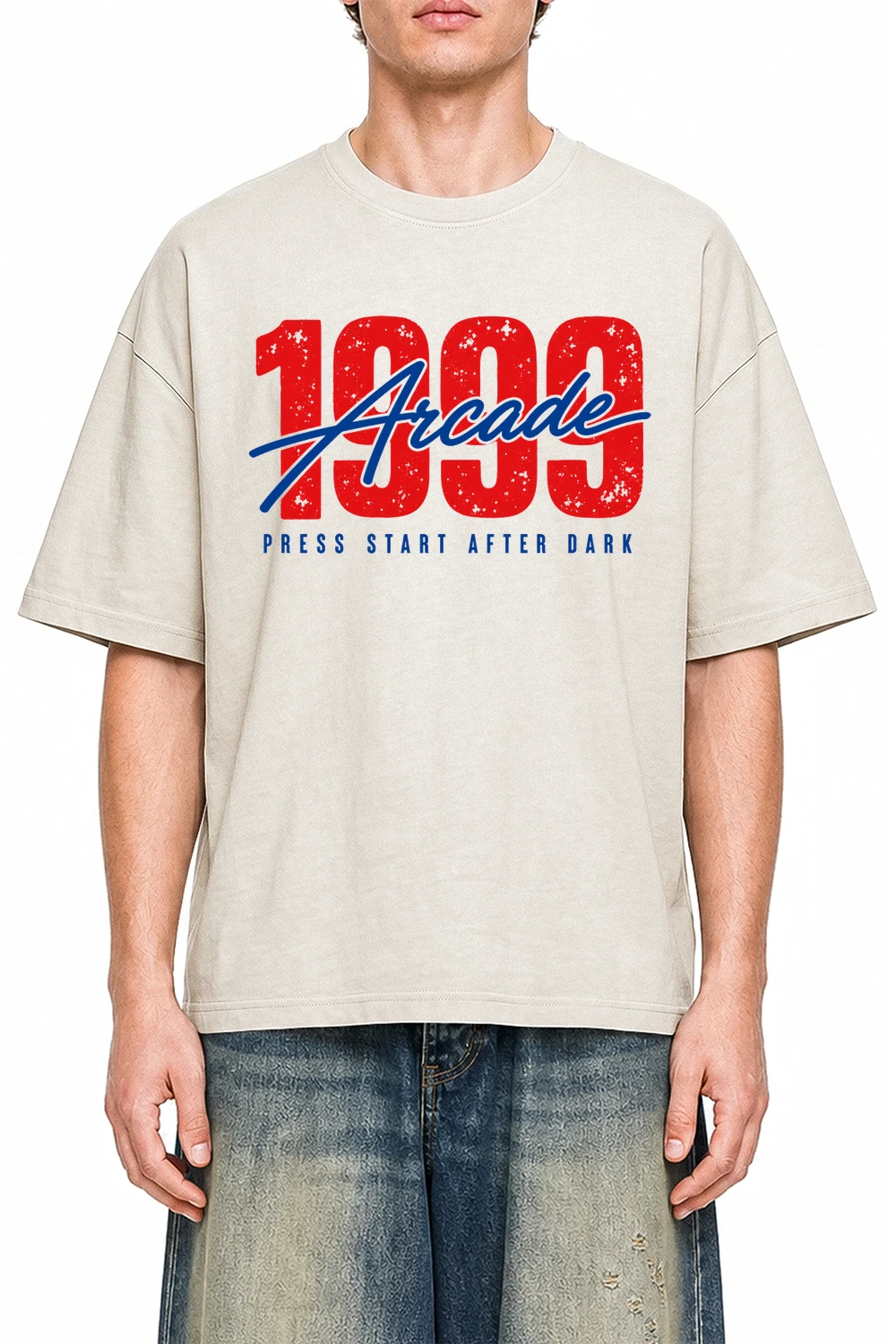 1999 Arcade Apricot graphic T-shirt on model, front view