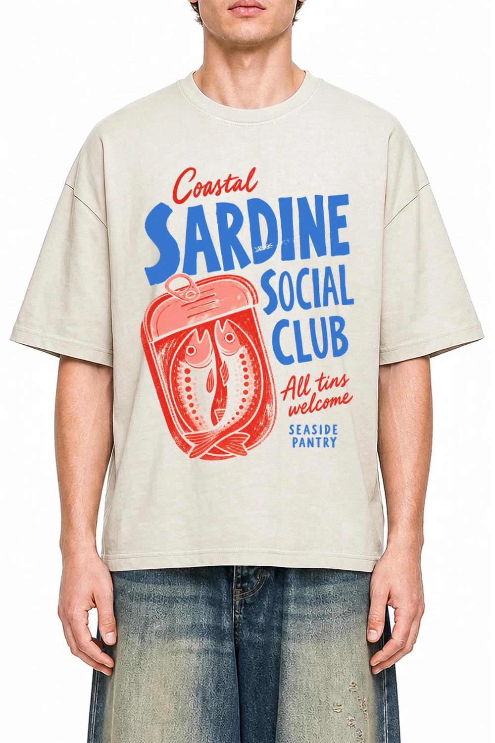 Coastal Sardine Social Club Apricot graphic T-shirt on model, front view
