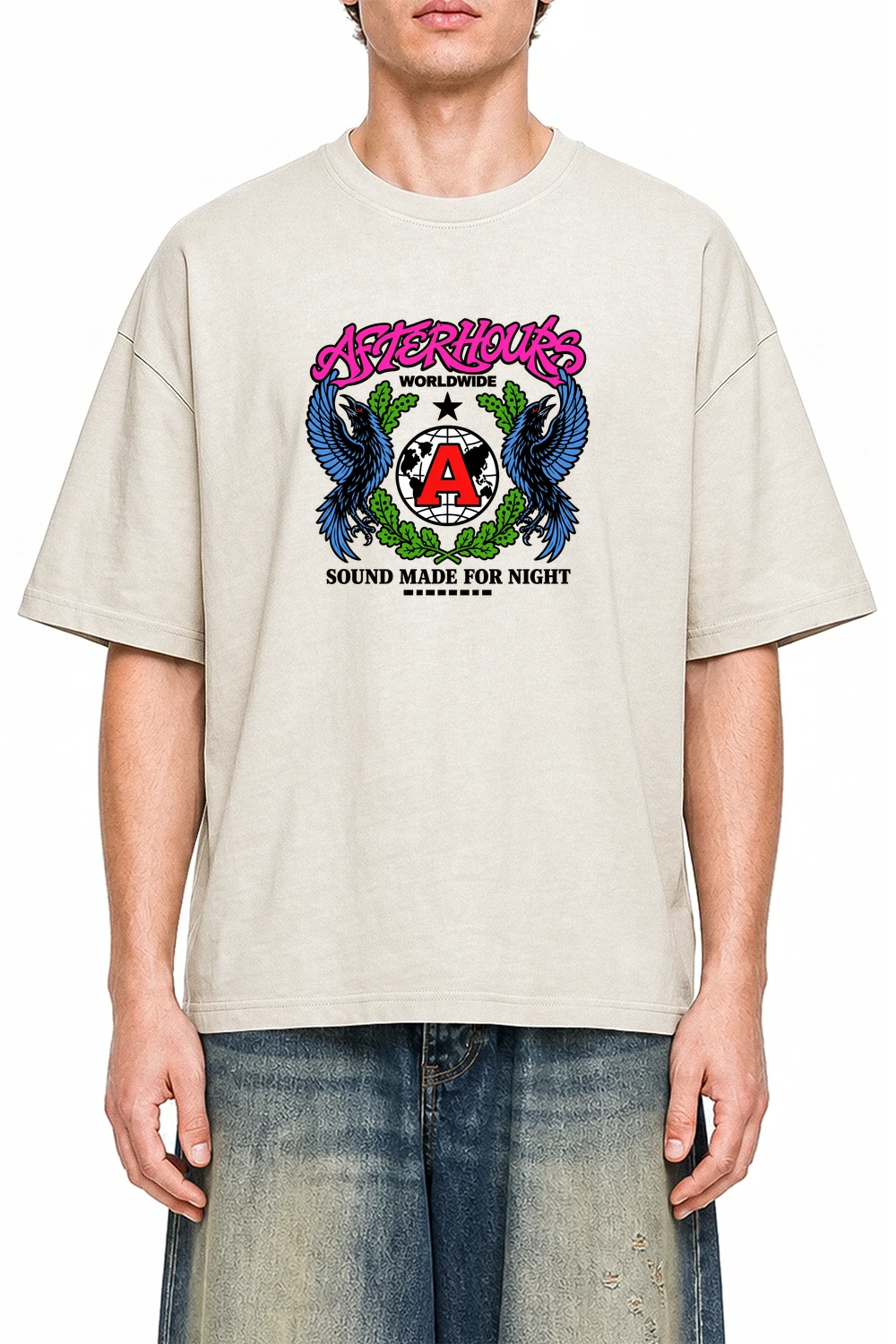 Afterhours Worldwide Apricot graphic T-shirt on model, front view