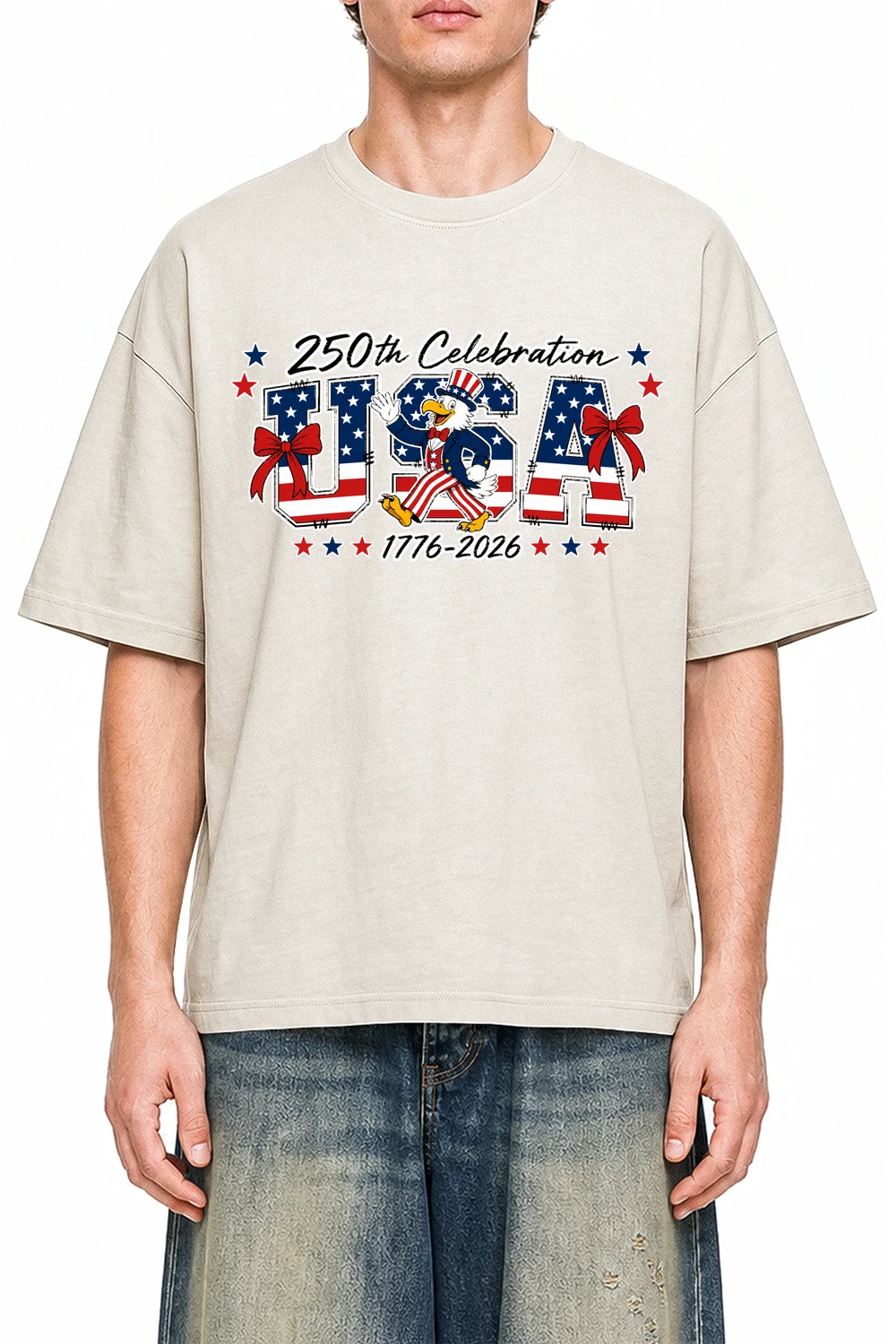 Patriot Parade USA Apricot graphic T-shirt on model, front view