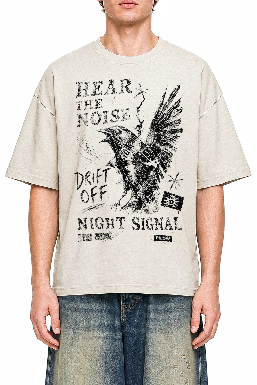 Hear The Noise Apricot graphic T-shirt on model, front view