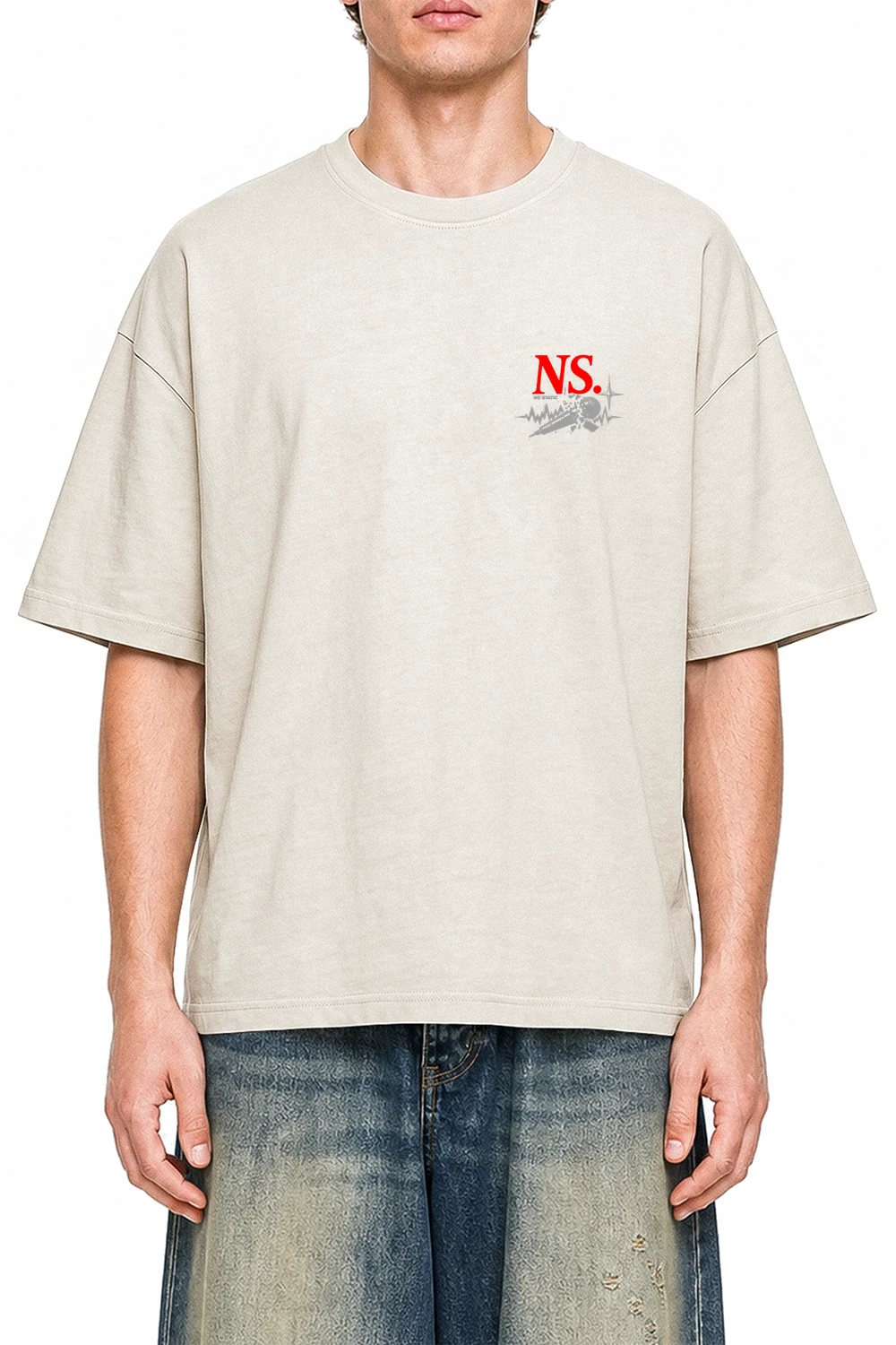 No Static Apricot graphic T-shirt on model, front view