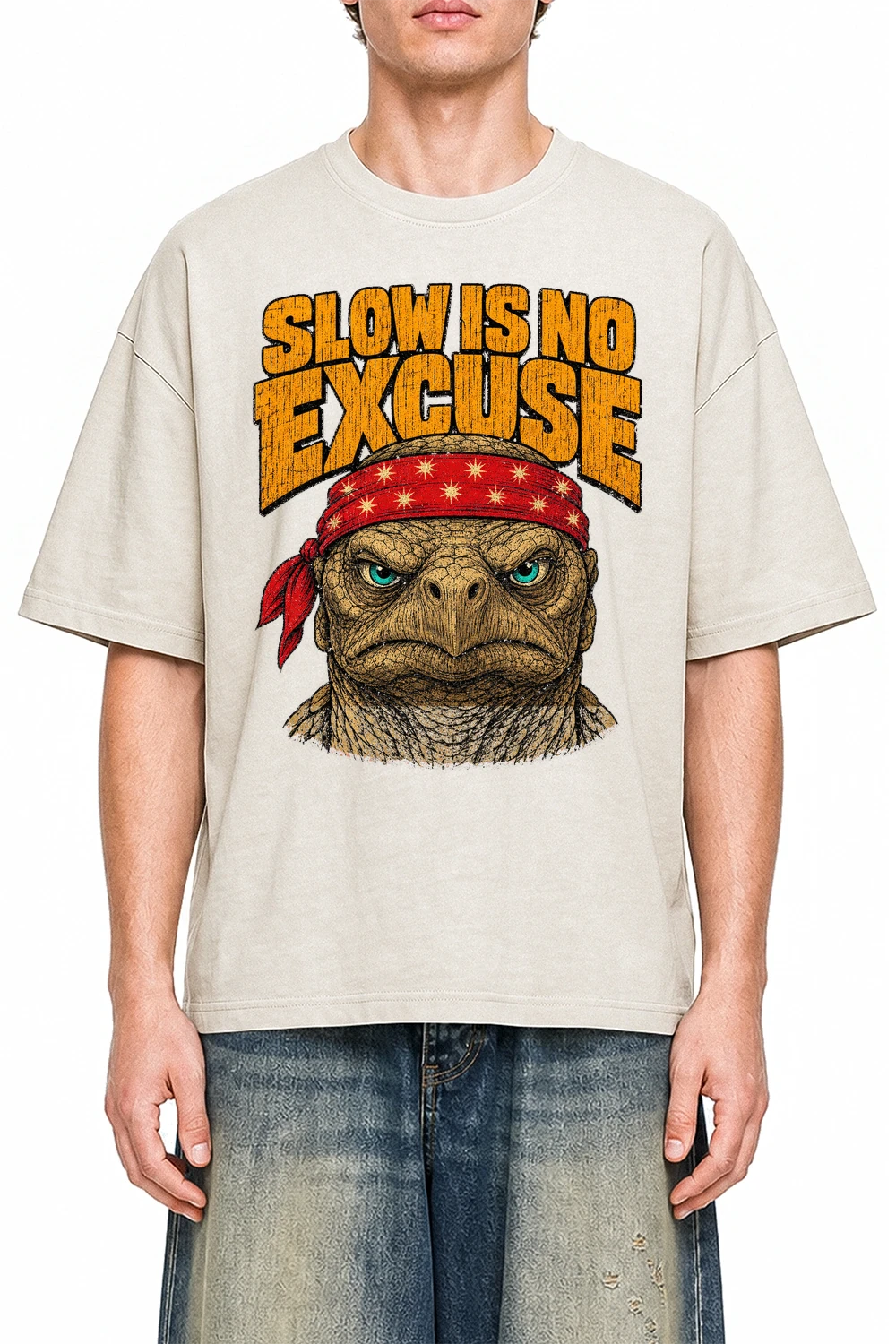 Slow Is No Excuse Apricot graphic T-shirt on model, front view