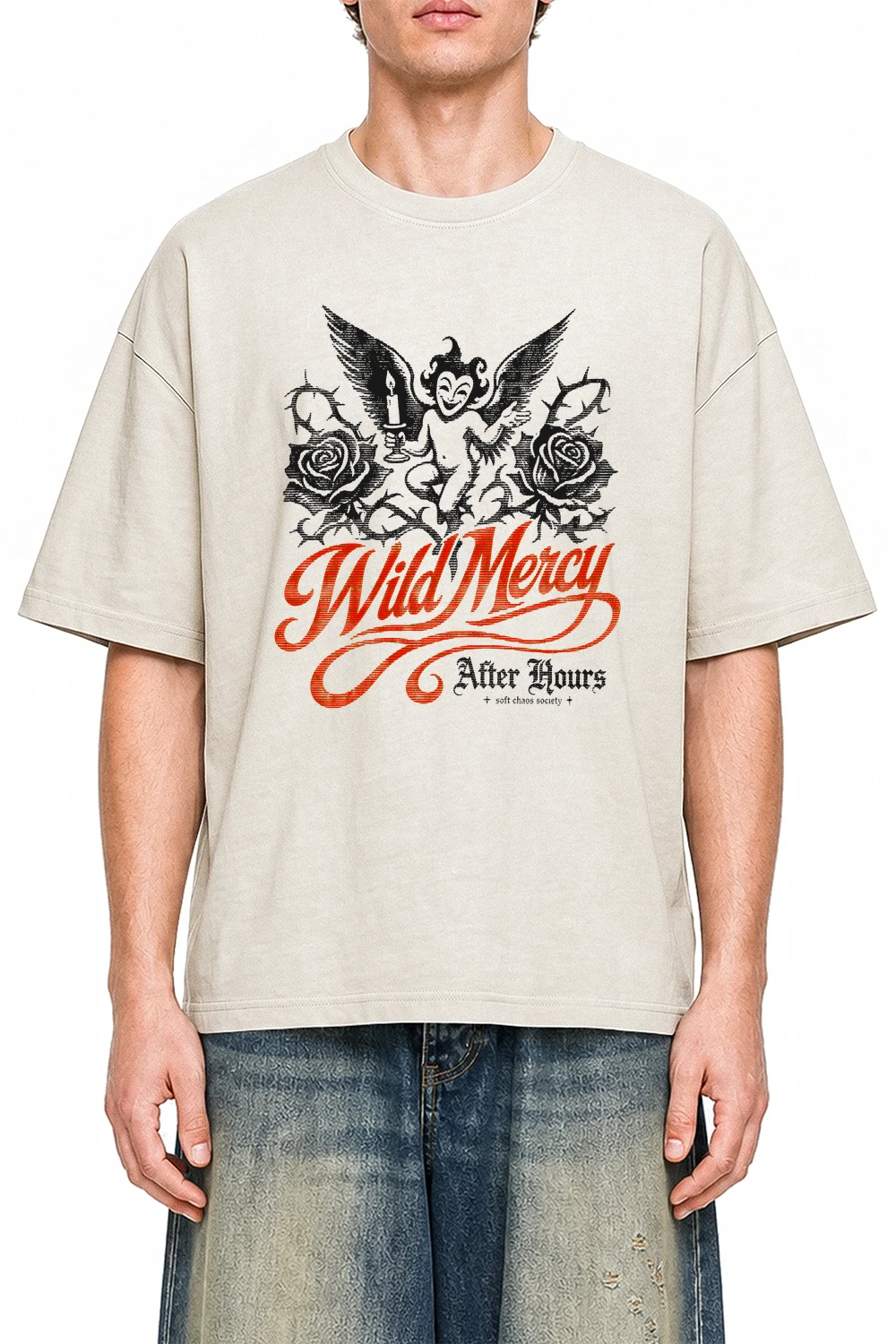 Wild Mercy Apricot graphic T-shirt on model, front view