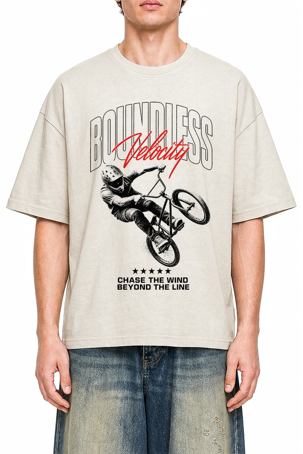 Boundless Velocity Apricot graphic T-shirt on model, front view