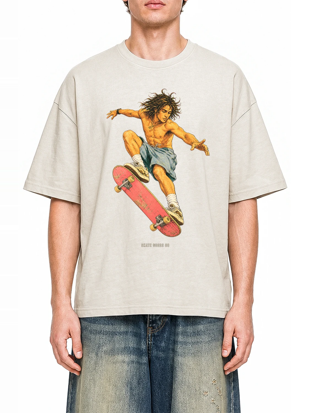 Skate Goods Apricot graphic T-shirt on model, front view
