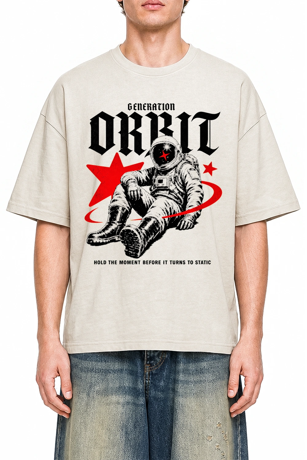 Generation Orbit Apricot graphic T-shirt on model, front view