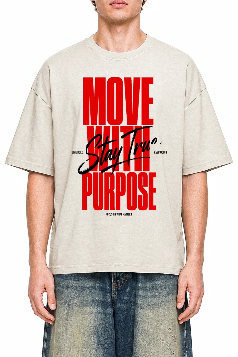 Move With Purpose Apricot graphic T-shirt on model, front view