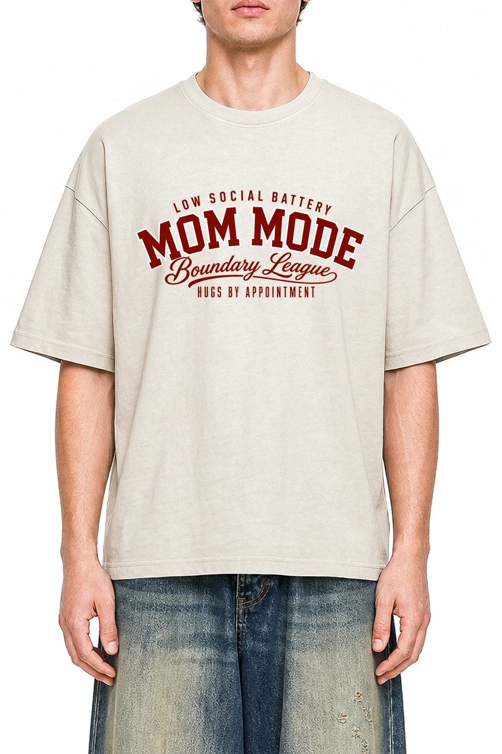 Mom Mode Boundary League Apricot graphic T-shirt on model, front view