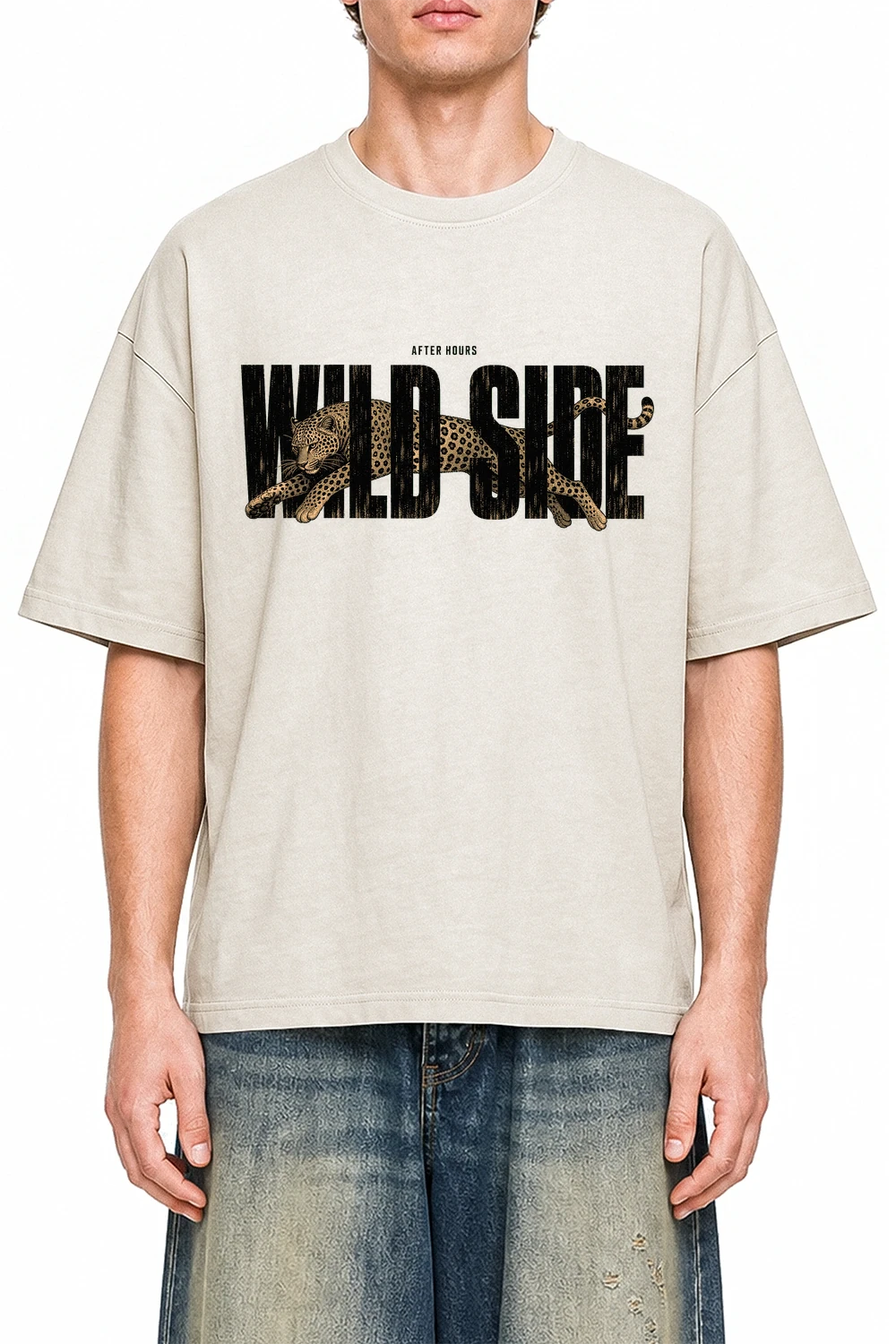 Wild Side Streetwear Apricot graphic T-shirt on model, front view