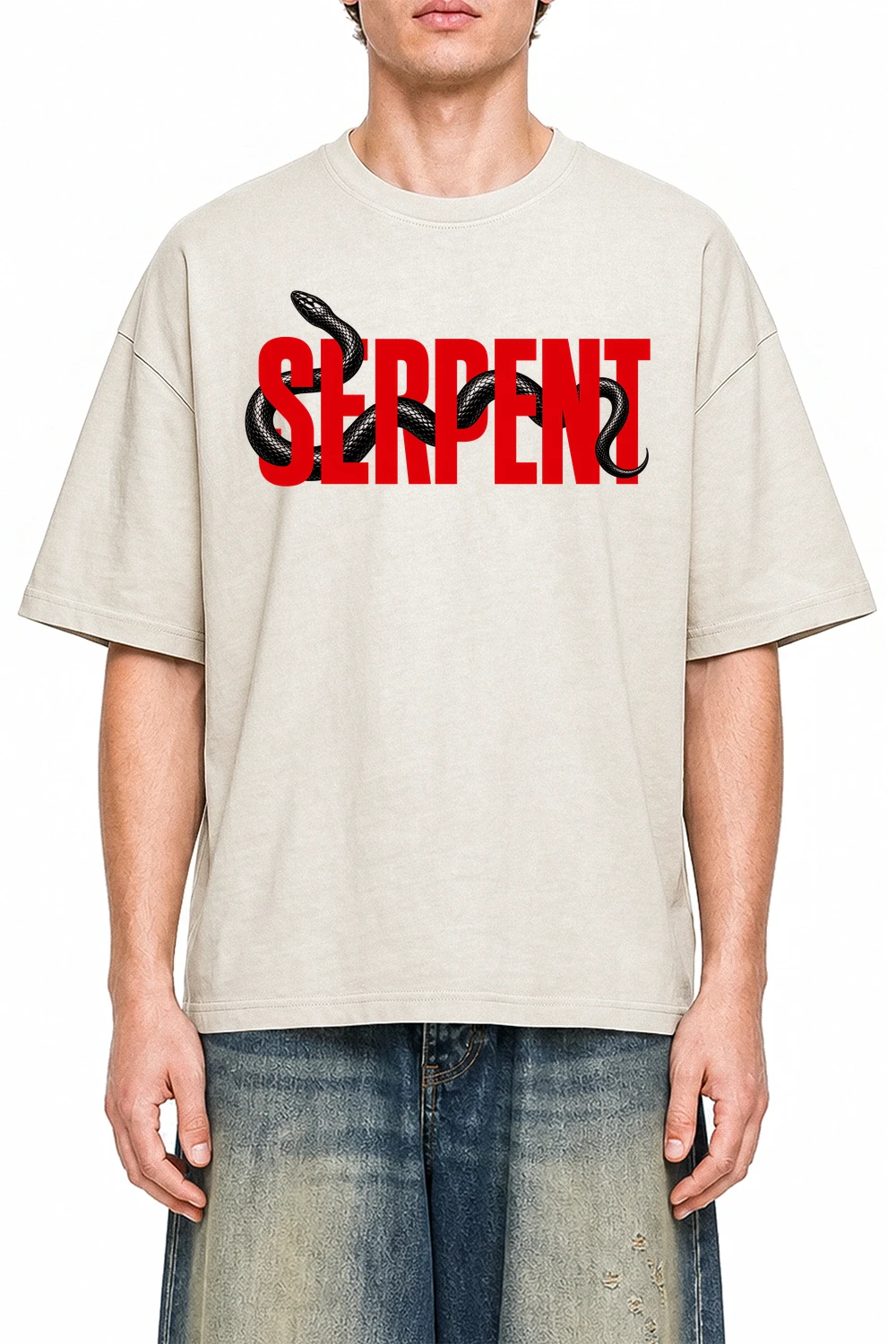 Serpent Apricot graphic T-shirt on model, front view