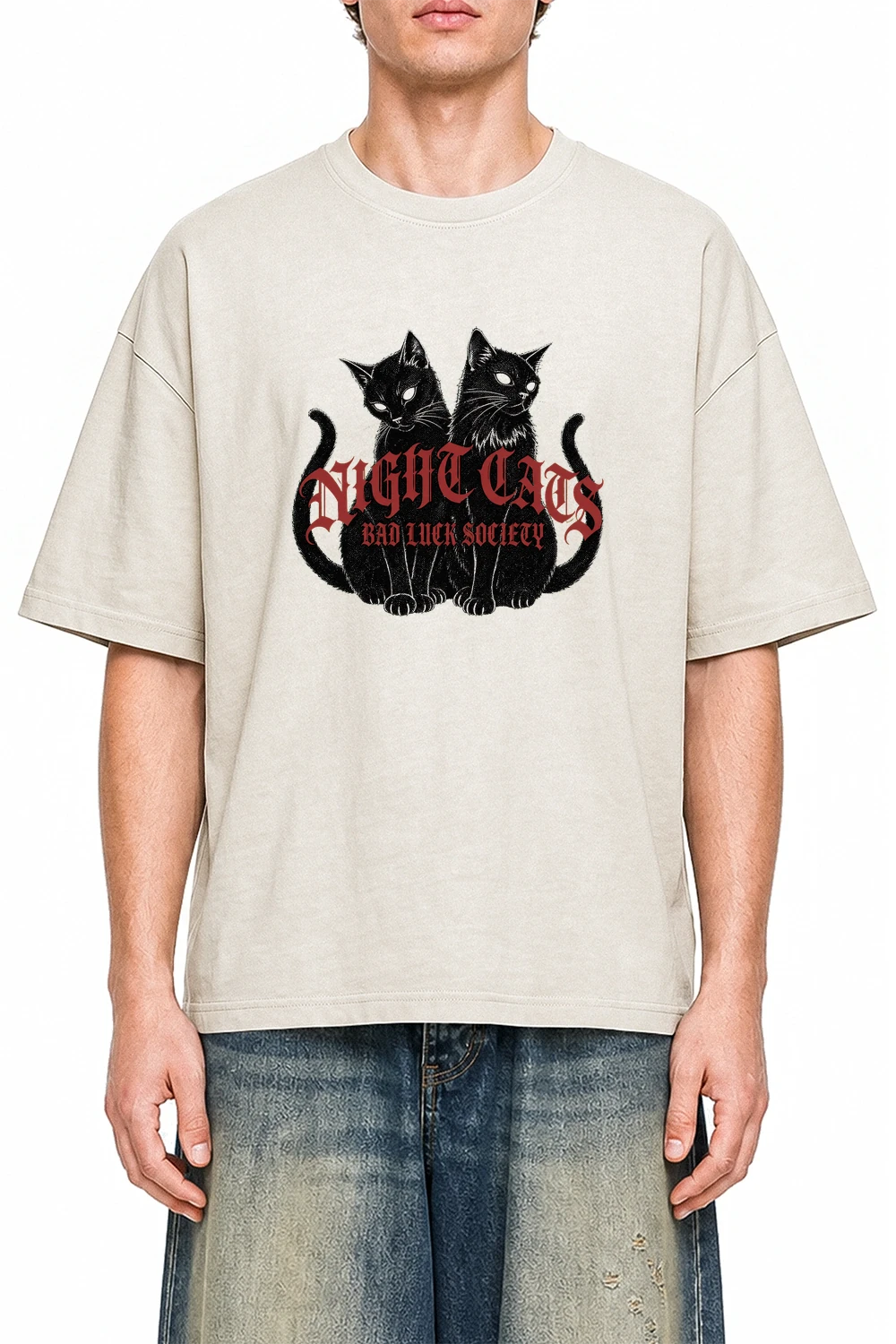 Night Cats Society Apricot graphic T-shirt on model, front view