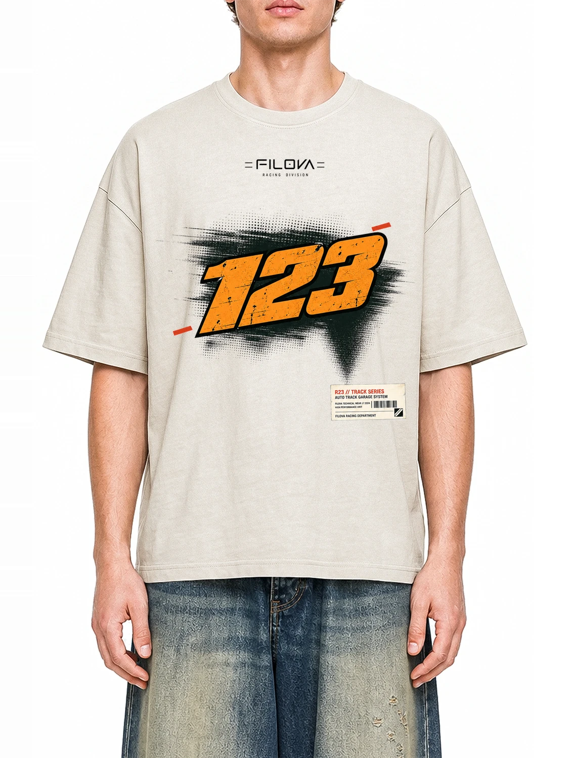 Filova racing 123 Apricot graphic T-shirt on model, front view