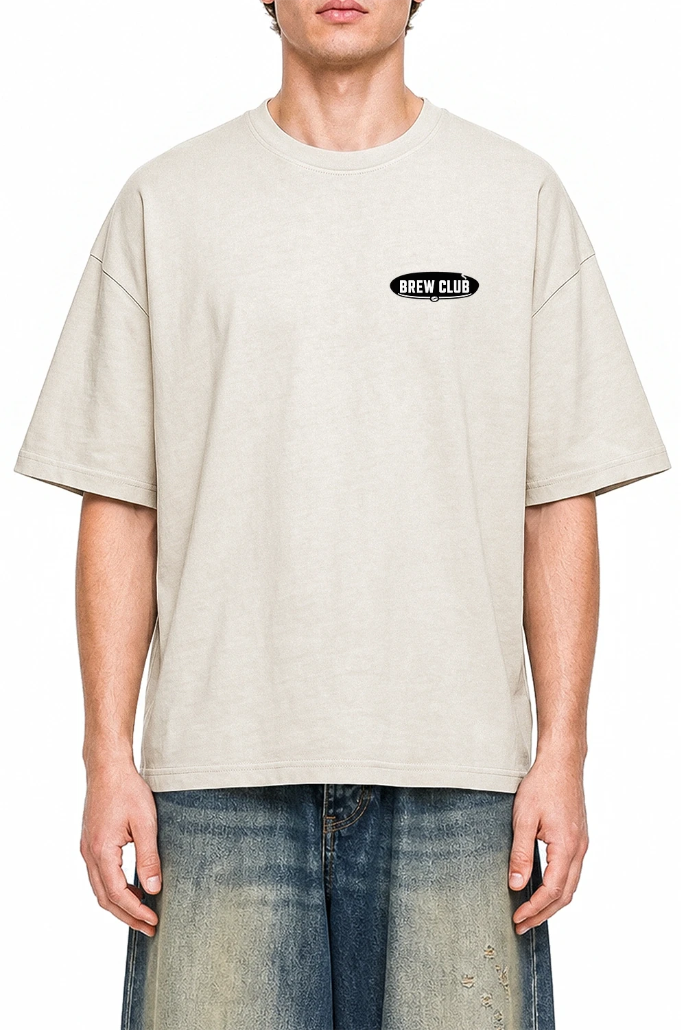 Night Shift Brew Club Apricot graphic T-shirt on model, front view