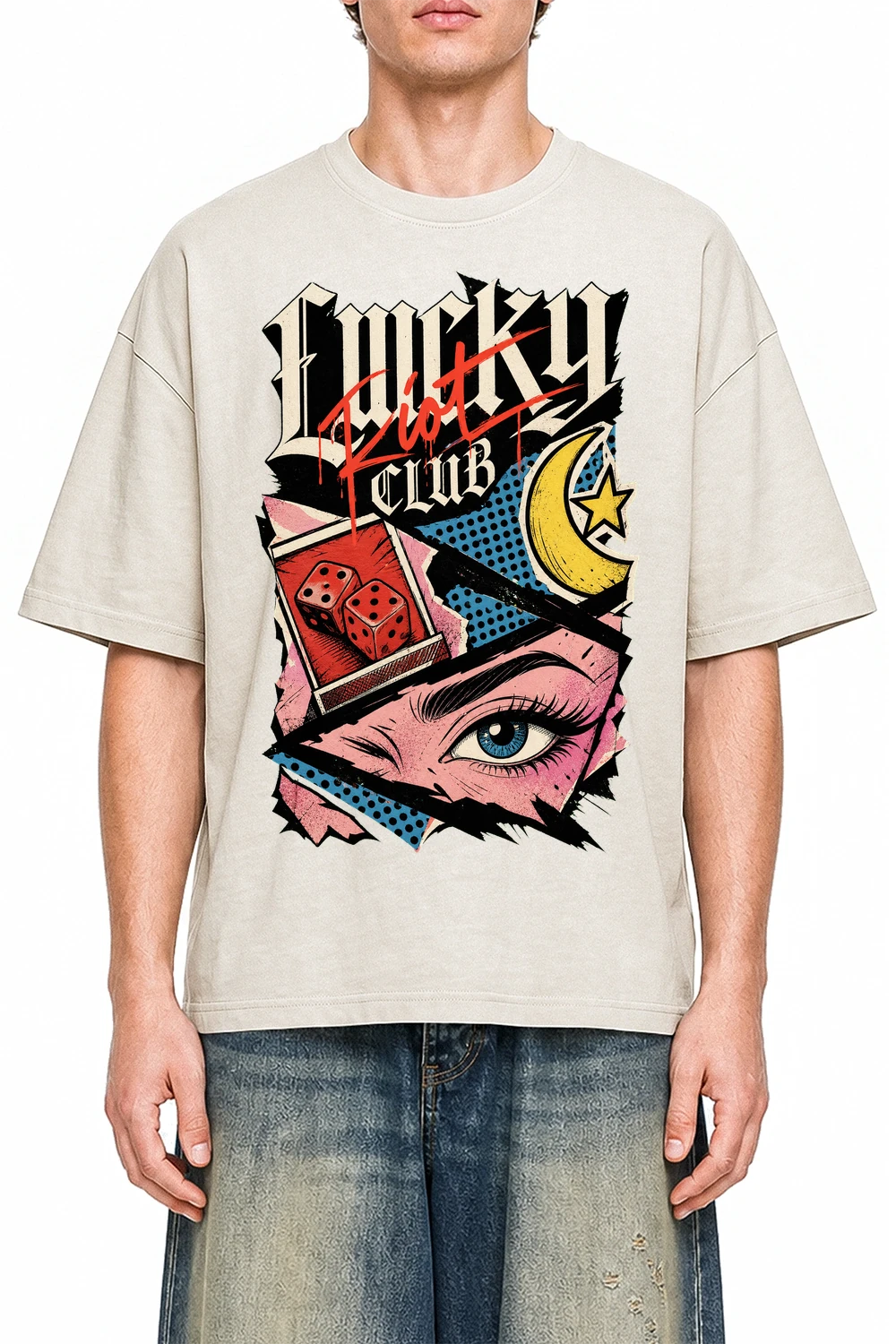 Lucky Riot Club Apricot graphic T-shirt on model, front view