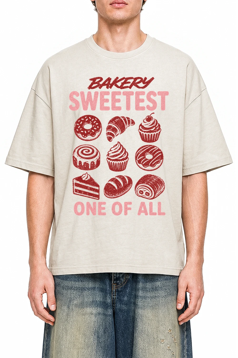 Bakery Sweetest Apricot graphic T-shirt on model, front view