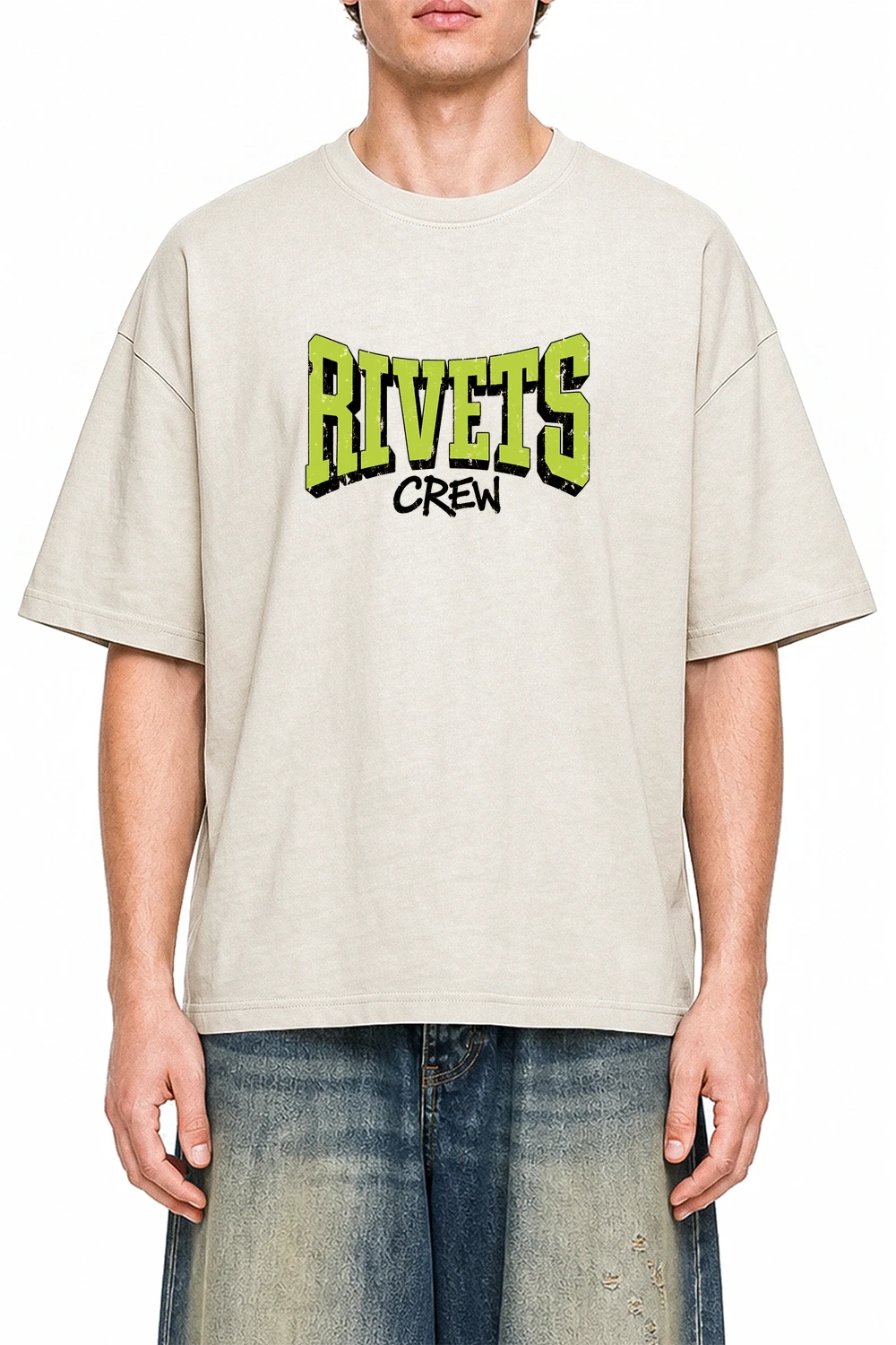 Rivets Crew Apricot graphic T-shirt on model, front view