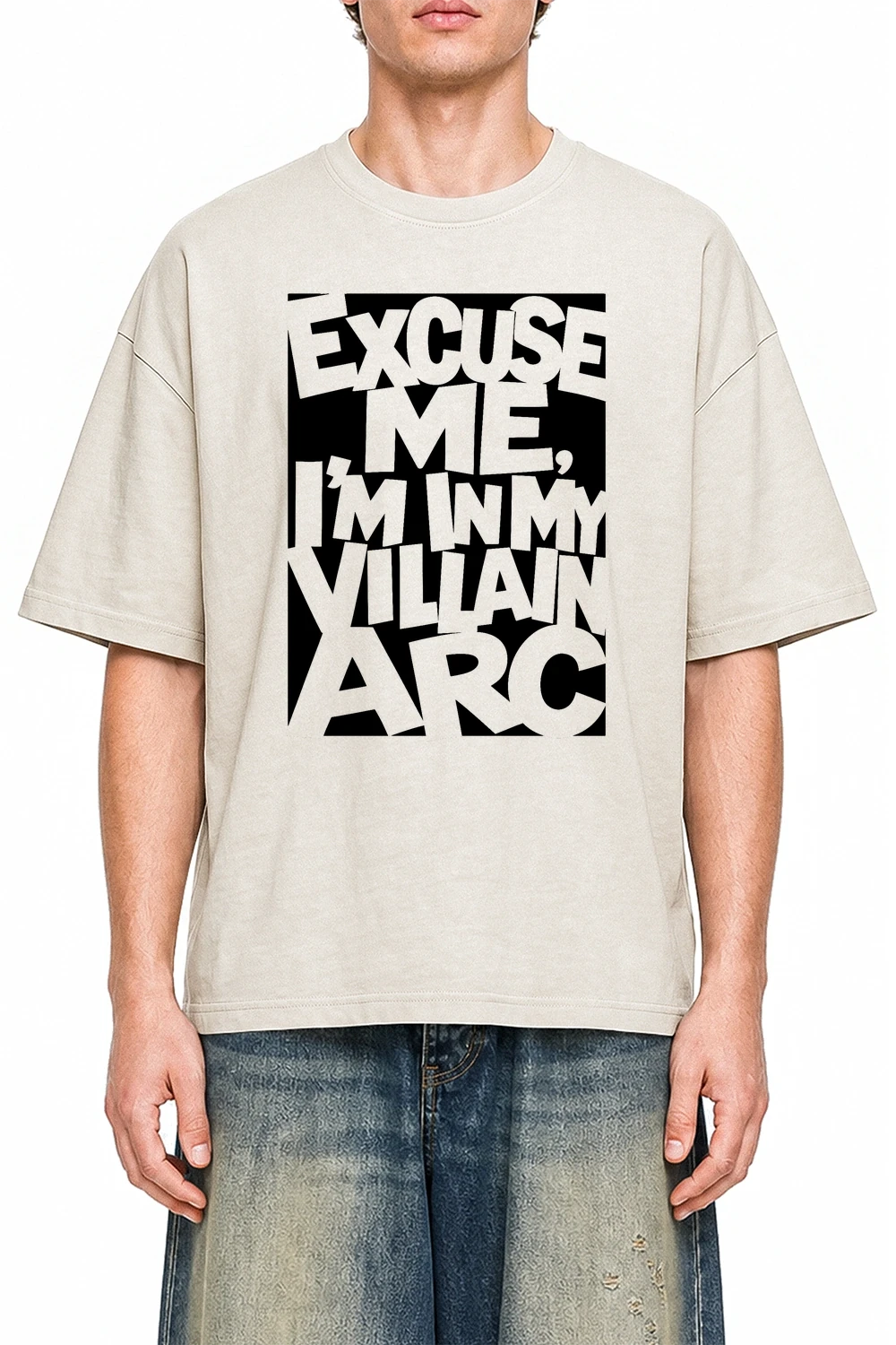 Excuse Me Im In My Villain Arc Apricot graphic T-shirt on model, front view