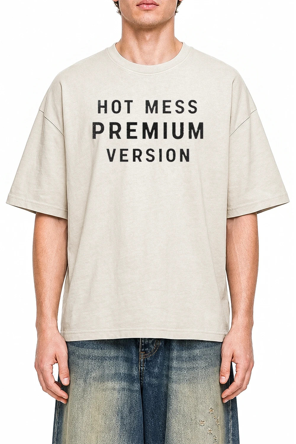 Hot Mess Premium Version Apricot graphic T-shirt on model, front view
