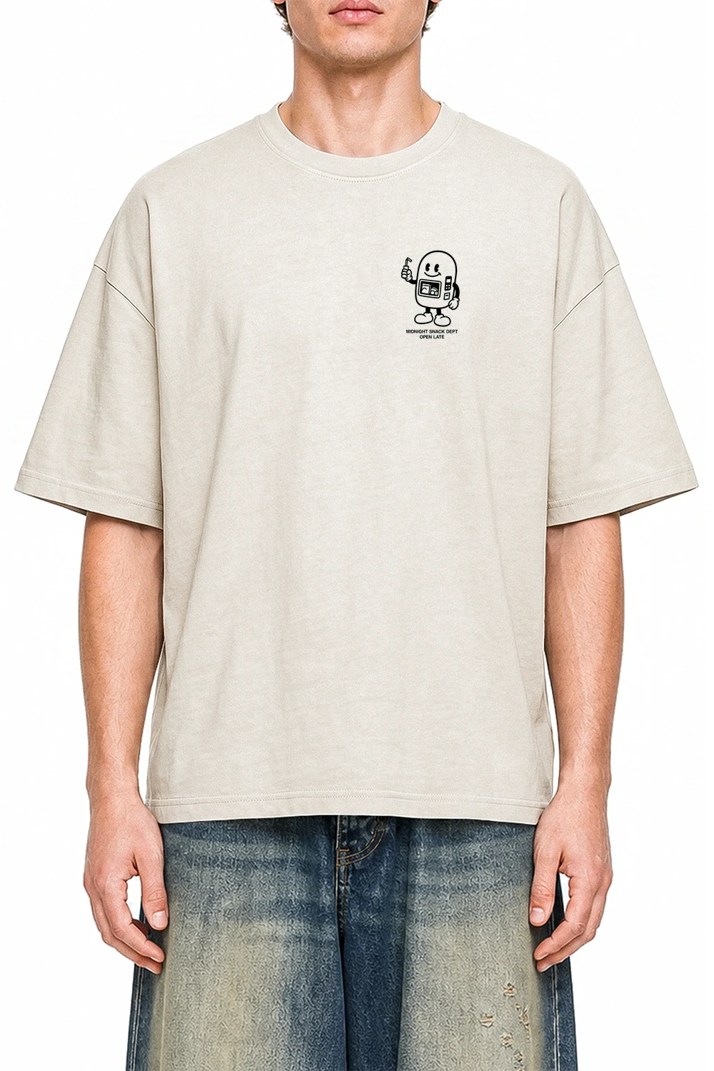 Midnight Snack Dept Apricot graphic T-shirt on model, front view