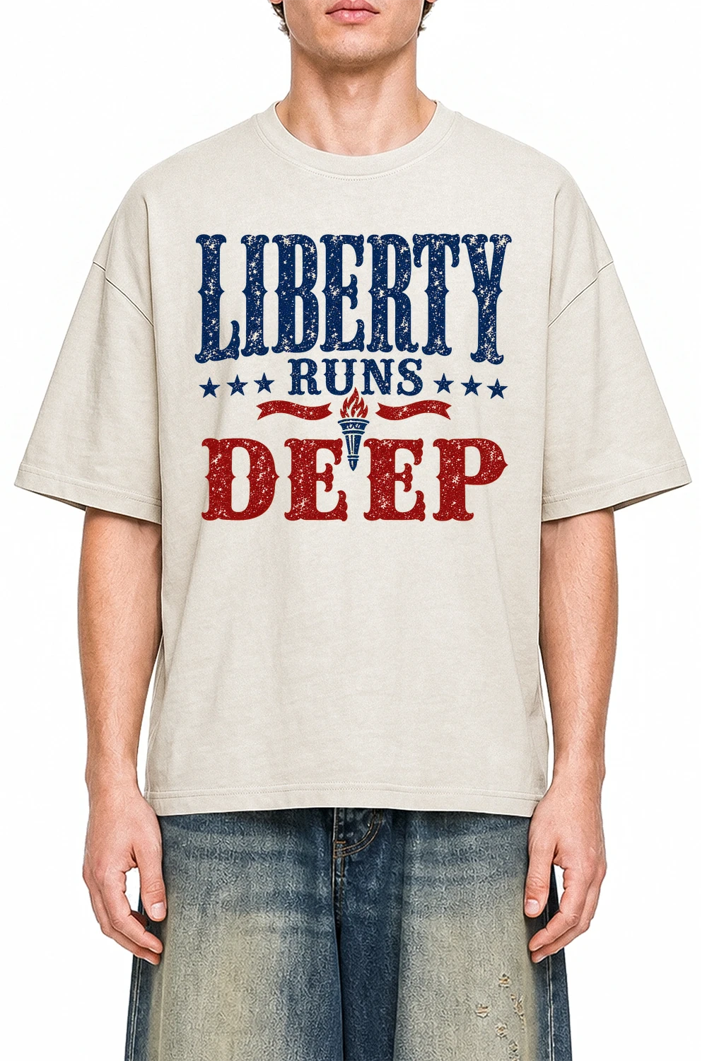Liberty Runs Deep Apricot graphic T-shirt on model, front view