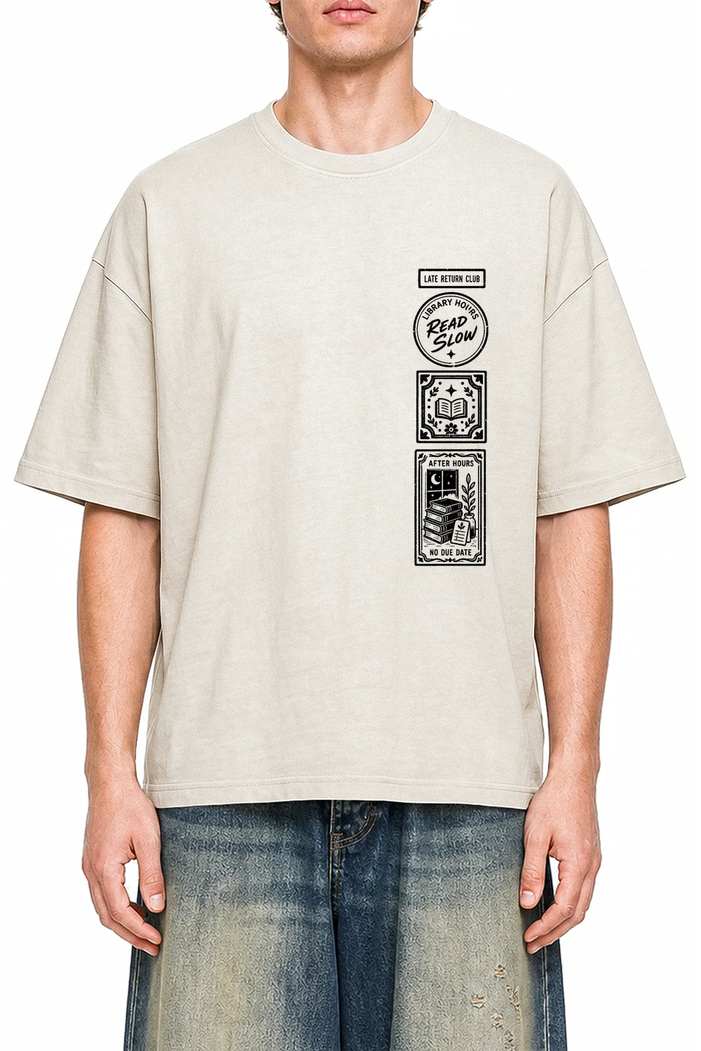 Late Return Club Apricot graphic T-shirt on model, front view