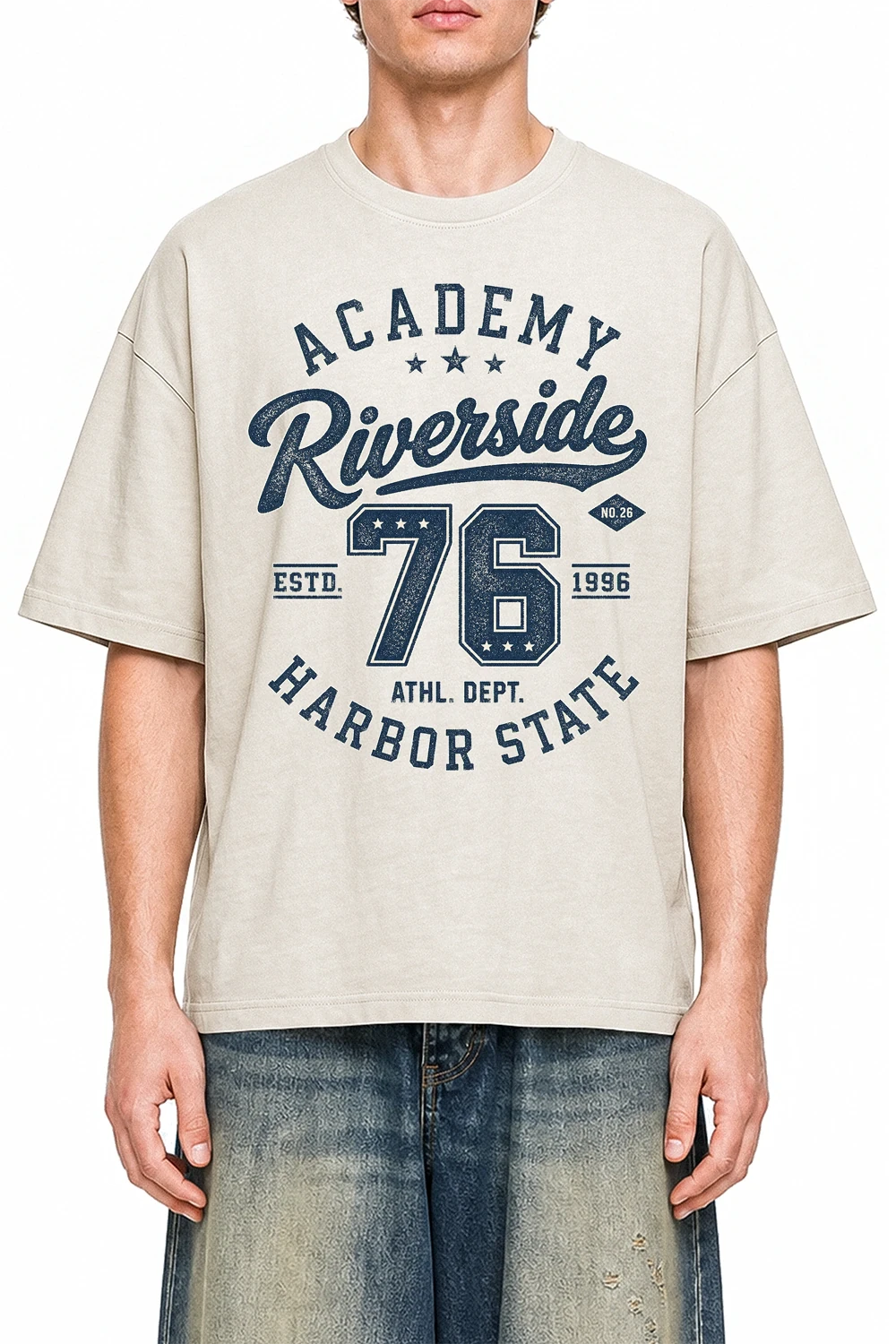 Riverside Academy Apricot graphic T-shirt on model, front view