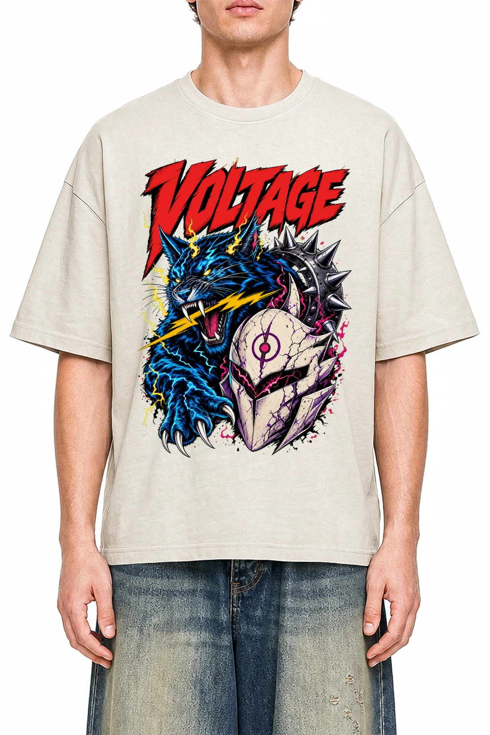 Voltage Unleashed Apricot graphic T-shirt on model, front view