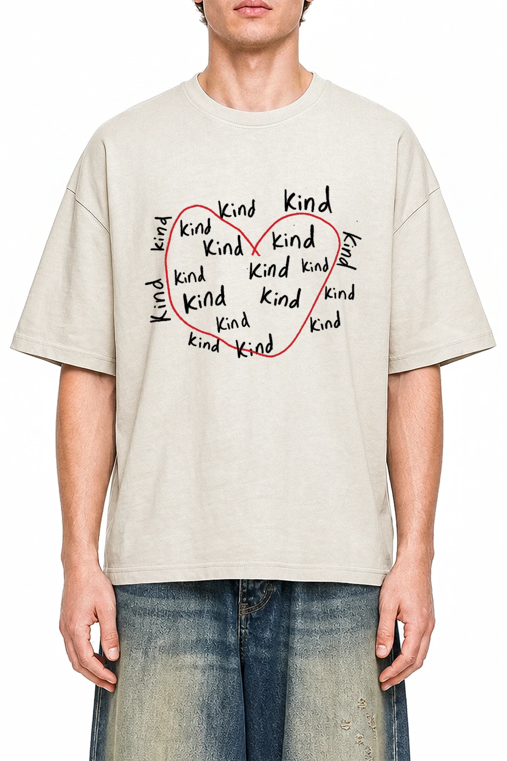 Kind Heart Apricot graphic T-shirt on model, front view