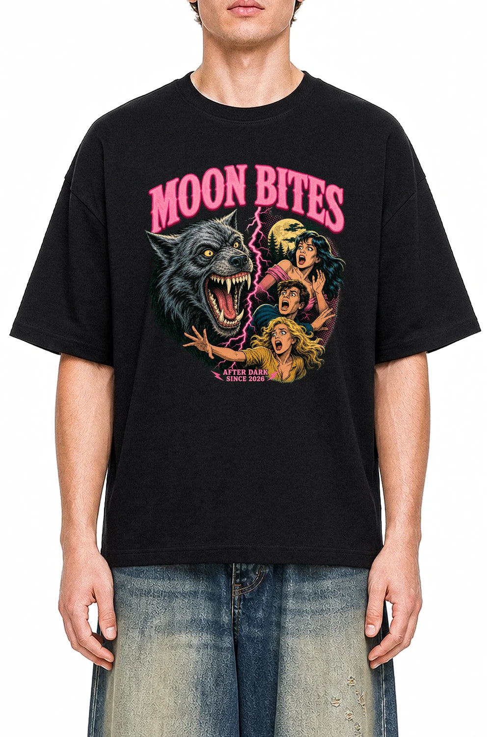 Moon Bites Black graphic T-shirt on model, front view
