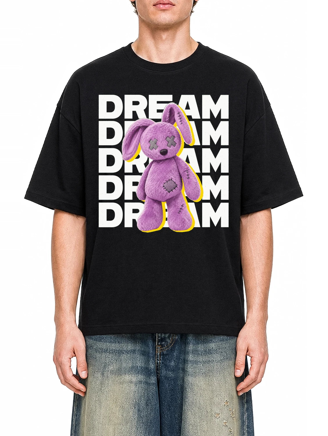 Dream Plush Rabbit Black graphic T-shirt on model, front view